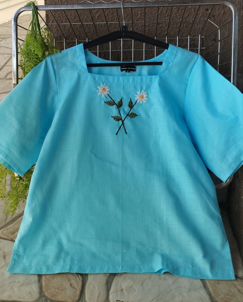Blue Linen Embroidered Top