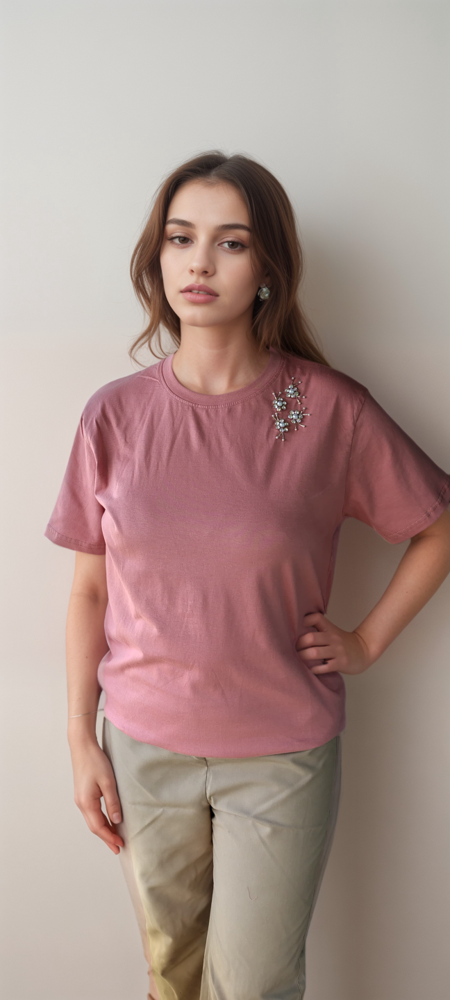Salmon Pink Embellished Tshirt